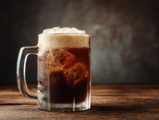 Frosty Glass Mug Filled with Root Beer and Foam on Wooden Table