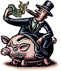 An overspending rich man in a top hat and tails sits on an angry piggy bank and lights a cigar with a dollar bill
