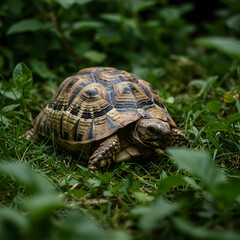 Obraz premium Stunning Tortoise in Lush Green Habitat: High-Resolution Wildlife Photography