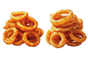 Crispy golden onion rings piled high on a white background, showcasing their crunchy texture and spiced coating