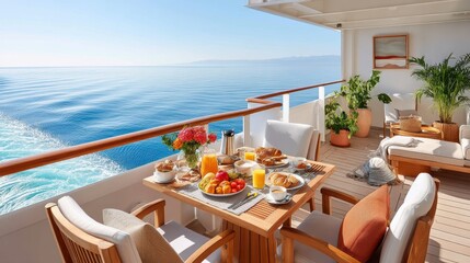 Luxurious breakfast setup on a scenic cruise ship balcony overlooking the ocean