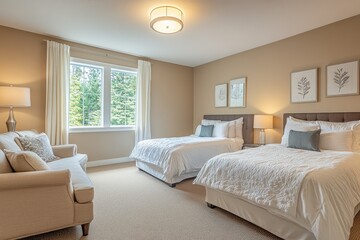 A well-lit twin bedroom with a cozy seating area