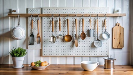 Rustic Kitchen Utensil and Cookware Pegboard Wall Organizer Display with Wooden Spoons, Ladles, Spatulas, and Metal Utensils