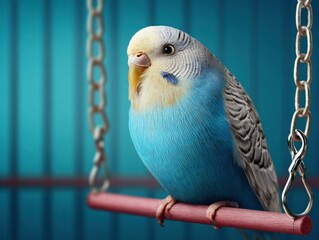Colorful budgerigar on swing in stylish indoor enclosure with vibrant background