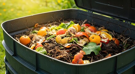 Compost bin filled with organic waste and sunlight in a garden setting