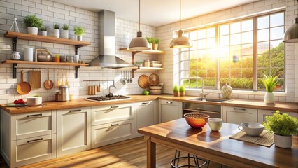 Fototapeta premium Bright Sunlight Illuminates a Modern Farmhouse Kitchen with Wooden Accents and Abundant Greenery