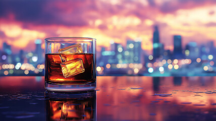Whiskey glass on table with city view creating a relaxing home atmosphere