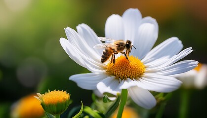 a single bee sits on a white flower collecting nectar