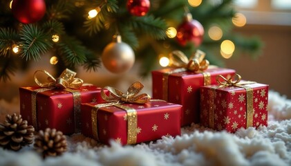 Luxury presents with shimmering gold thread, nestled under a plush Christmas tree , tree, bow