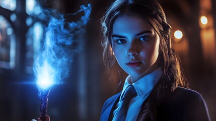 Young girl in a school uniform holding a magical glow