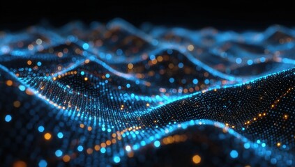 Abstract Blue Glowing Wave Background with Orange Highlights, Captivating Digital Landscape of Flowing Data Particles and Light Effects