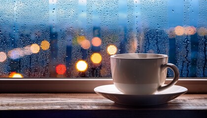 cozy coffee cup by a rainy window overlooking urban cityscape with blurred lights