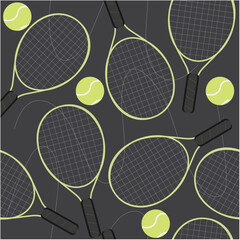 Seamless Tennis Pattern with Rackets on Dark Background: Sporty repeat pattern featuring tennis rackets and balls on a dark background. Perfect for modern sports-themed prints and digital use