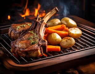 the rustic oven is cooking lamb chops roasted potatoes and carrots all while baking potatoes in the process