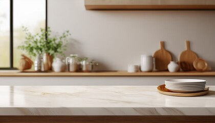 stylish marble tabletop on wooden platform with copyspace for your logo at blurry kitchen utensils and dishes on light wall background 3d rendering mock up