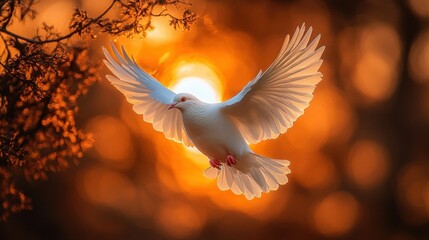 White dove flying towards golden sunset