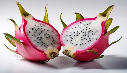 a detailed view of two halved dragon fruits revealing their striking white flesh and black seeds against a clean backdrop