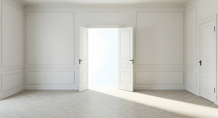 Bright Empty Room with Open Doors New Beginnings Home Interior Design White Walls Sunlight