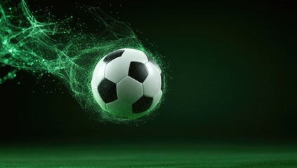 Fototapeta premium Soccer ball in motion with green lighting effect on a white background showcasing dynamic energy and movement