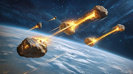 Naklejka premium Asteroid impact event, multiple asteroids hurtling toward Earth