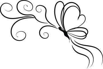 Elegant Black Line Art Butterfly with Floral Swirls Design Element