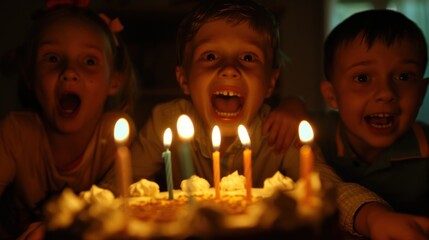 Excited kids around birthday cake