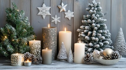 Festive Christmas decor with candles and trees