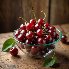 Fresh ripe cherries in glass bowl with water drops on rustic wooden table. Natural food background with soft textile and wooden texture.