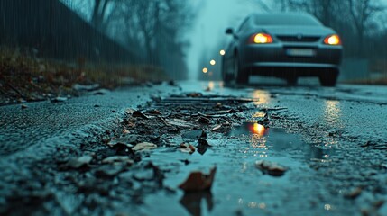 Rainy road pothole with car transportation image