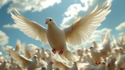 Obraz premium White doves in flight against a bright sky