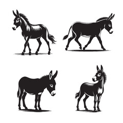 Set of Donkey Silhouettes in Various Poses on Transparent Background