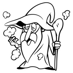 Old Wizard cartoon characters carrying a magical staff and spelling a mantra emitting a smokes. Best for outline, logo, and coloring book with Halloween themes