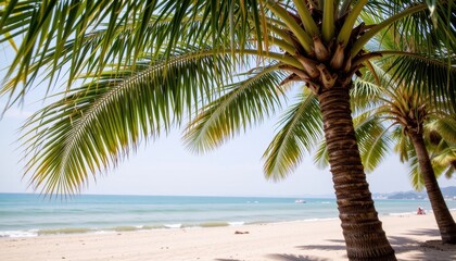 Tropical beach with palm trees and gentle waves.