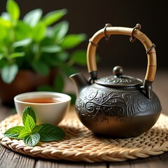 a metal teapot with a bamboo handle, ceramic tea bowl,