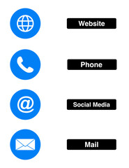 website, phone, social media and email icons on transparent background