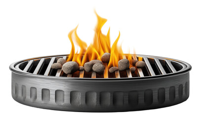 Metal barbecue grill with charcoal and flames on transparent background.