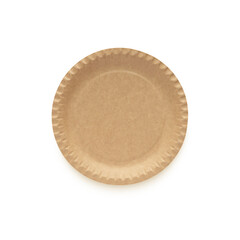 Brown kraft paper plate for food isolated on white background. Disposable eco-friendly picnic tableware, top view.