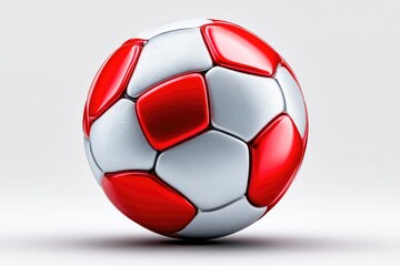 Fototapeta premium Soccer ball with red patches and shiny surface, reflecting light on white background