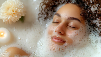 Woman Relaxing in a Bubbly Bath with Flowers and Candle