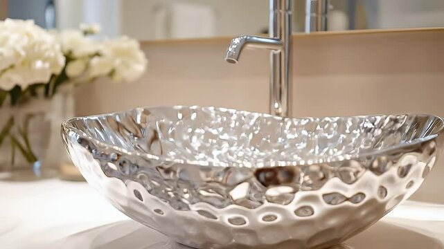 Luxury Bathroom Interior Featuring A Decorative Silver Sink And Chrome Faucet Against Neutral Background With White Flowers Elegant Home Decor