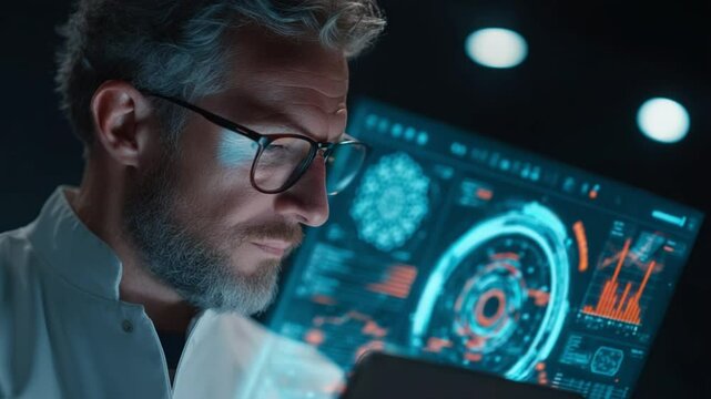 Scientist analyzing data on futuristic interface in a high-tech laboratory setting
