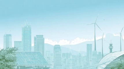 Light-toned cityscape illustration with sustainable energy features.