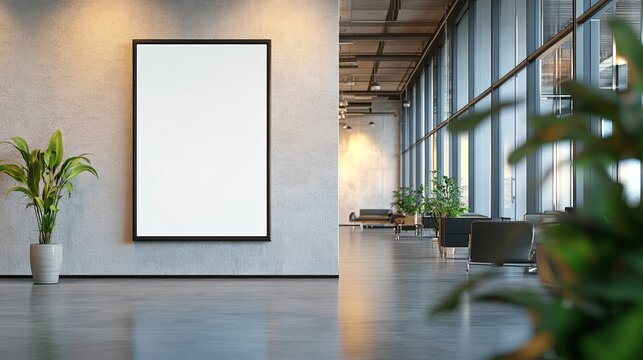 Modern office interior design blank canvas vertical poster mockup grey wall area room chic clean