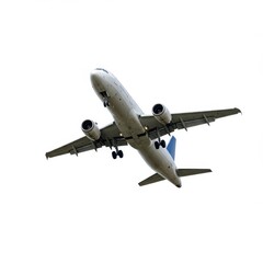 Commercial airplane taking off against a clear sky isolated on white background