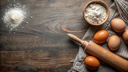 Rustic Baking Scene Featuring Flour, Eggs, and Rolling Pin on Wooden Surface