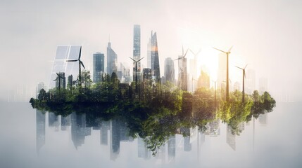 Obraz premium Sustainable urban island cityscape with renewable energy sources.