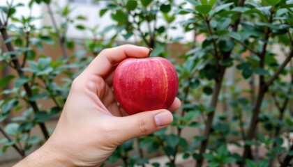 Hand holding a red apple in front of green foliage.