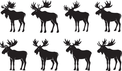 Fototapeta premium set of moose silhouette, black and white silhouette, vector and&nbsp;illustration