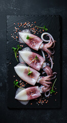 Fresh Raw Squid Tubes on Slate Board With Salt and Microgreens