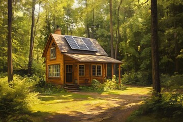 Sunny wooden cabin nestled within a verdant forest.